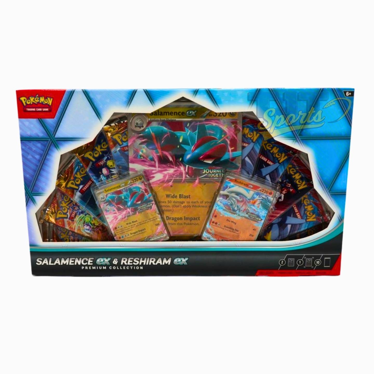 Pokémon trading card game box featuring Salamence EX and Reshiram EX cards.